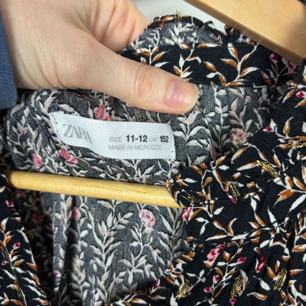 Zara Black Gold Red Floral Peasant Dress Girls 11-12